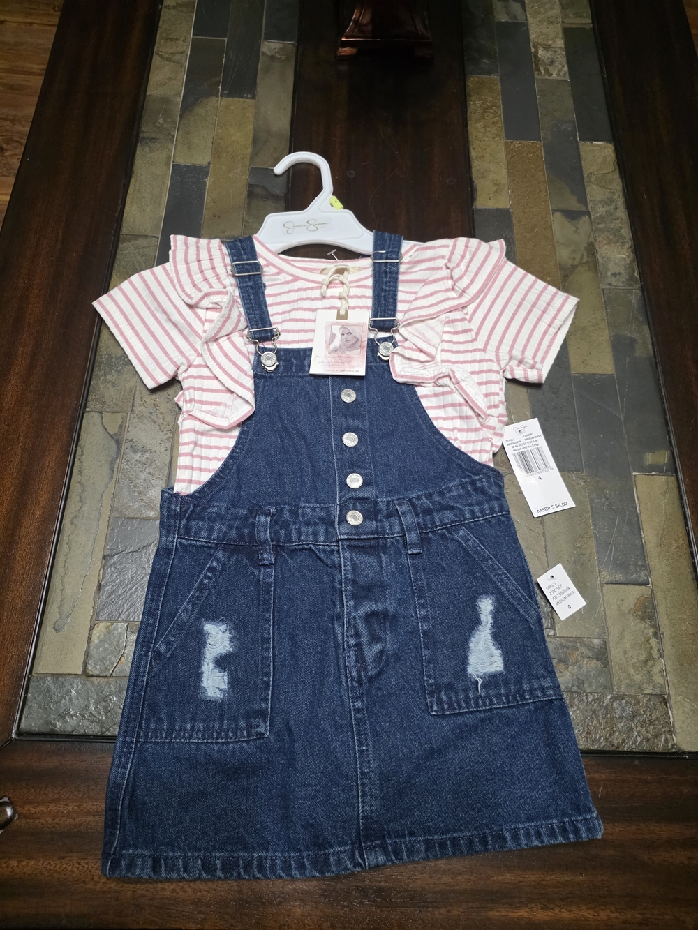 Jessica Simpson Pink Striped Ruffle Tee with Dark Blue Denim Overall Dress